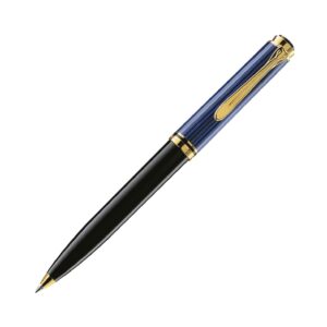 德國Pelikan Souveran系列600型珍貴賽璐珞藍色條紋配黑杆鍍24K黃金夾原子筆 (PLK-SUV600-BLU-GT-BP)