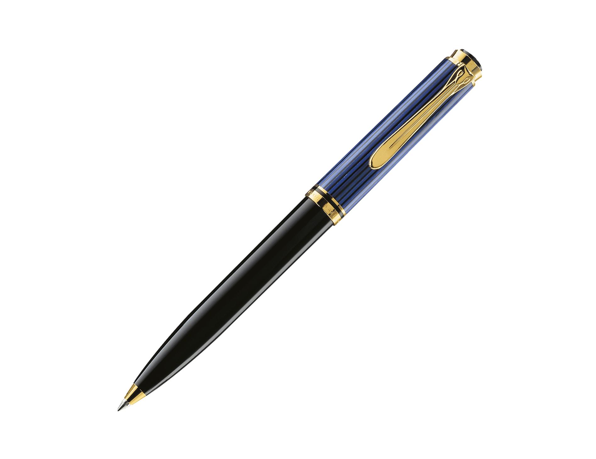 德國Pelikan Souveran系列600型珍貴賽璐珞藍色條紋配黑杆鍍24K黃金夾原子筆 (PLK-SUV600-BLU-GT-BP)