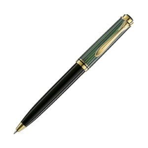德國Pelikan Souveran系列600型珍貴賽璐珞綠色條紋配黑杆鍍24K黃金夾原子筆 (PLK-SUV600-GRN-GT-BP)
